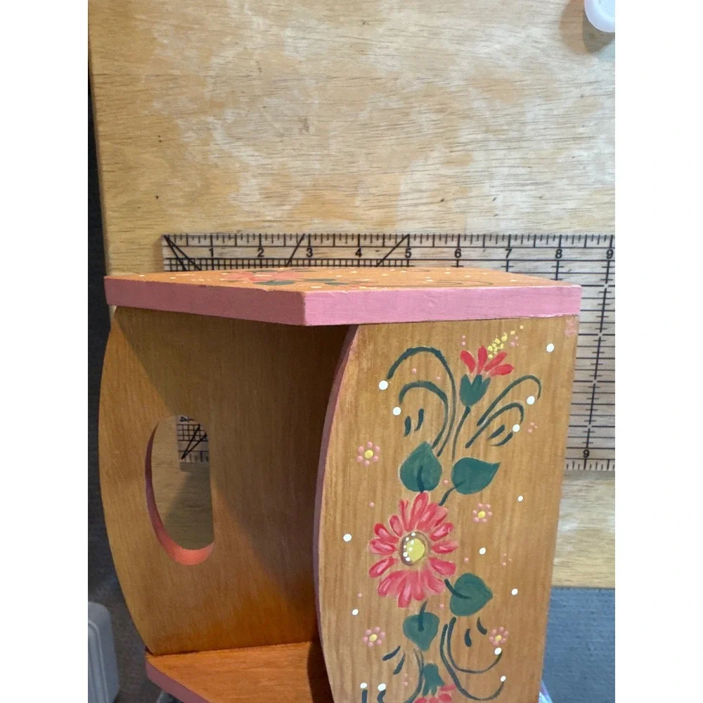 Vintage Hand Painted Wooden Floral Caddy Folk Art Mail Sorter Napkin Holder Pink